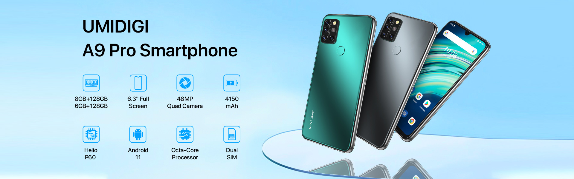 UMIDIGI A9 Pro Cell Phone (8GB+128GB), 6.3" FHD+ Full Screen Unlocked Smartphone with 4150mAh Battery + 48MP AI Quad Camera - LTE Dual 4G SIM Android 11 Phone 