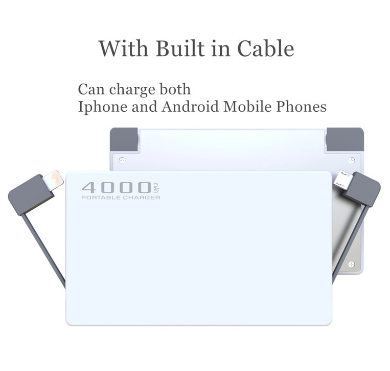 2018 rechargeable power bank portable source 4000mah credit card powerbank slim mobile charger power bank with built in cable